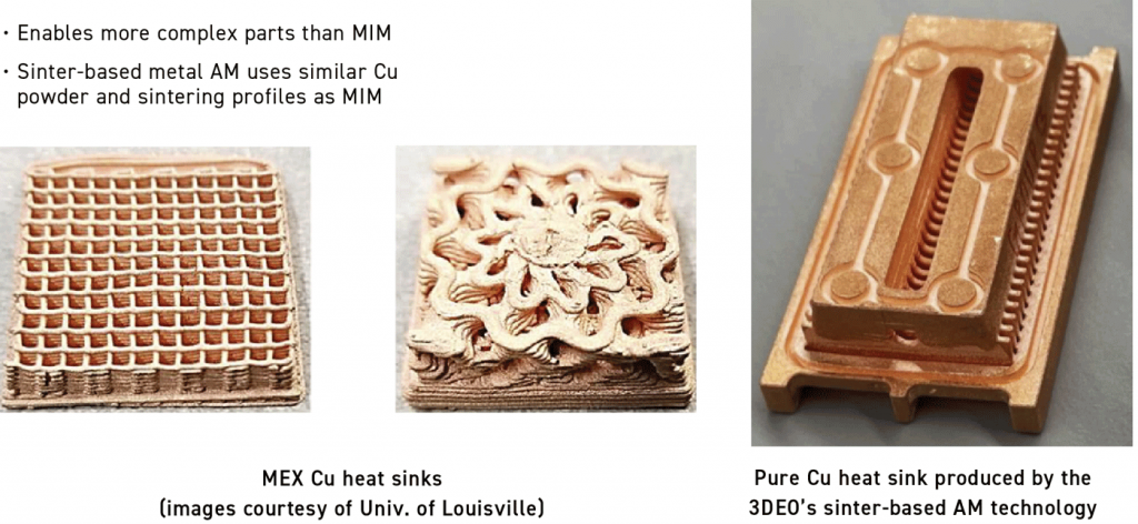 Fig. 43 Heat sinks fabricated from copper using MEX, alongside a pure copper heat sink produced by 3DEO’s sinter-based Additive Manufacturing technology [7]