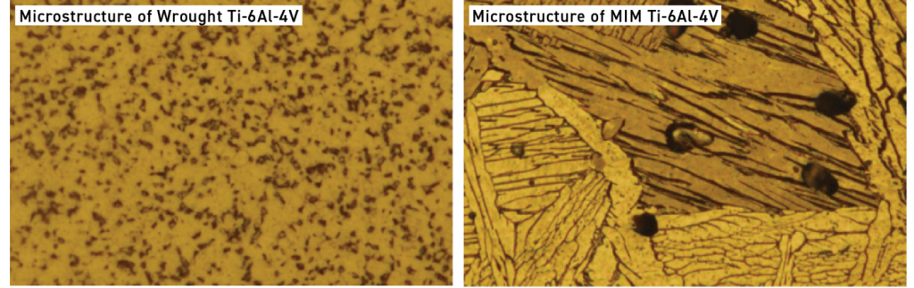 Fig. 46 Wrought microstructure (left) shows a fine equiaxed α+β structure obtained by forging & heat treatment. MIM microstructure (right) shows coarse α+β lamellar and large prior β grains [8]