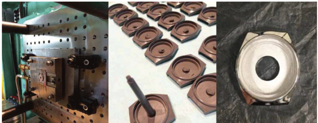 Fig. 53 Shows a MIM mould (left), the green bodies after injection (centre) and the finished 50Pt-50Rh watch case after sintering (right) (Courtesy C.HAFNER GmbH + Co. KG; from Laag, T. & Heinrich, J., Advantages and Challenges of Platinum Group Metals Powder Processing, SFS 2018) [10]