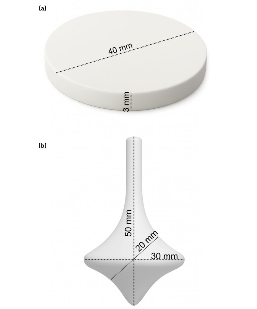 Fig. 4 a) Thin‑wall reference disc, 40 mm diameter × 3 mm thickness. b) Thick‑wall spinning top, 50 mm overall height with a 30 mm maximum body diameter and a 20 mm central wall path, representing an extreme section for CIM (Courtesy KRAHN Ceramics)