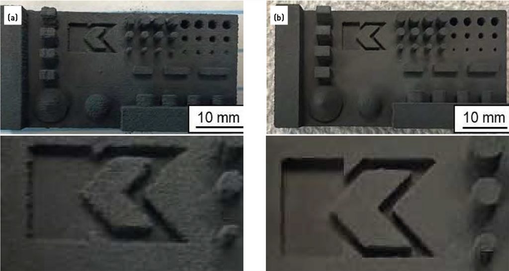 Fig. 4 Custom test parts built using Binder Jetting machines: (a) fixed droplet parameters; (b) adjustable droplet size and velocity, showing improved surface finish and resolution [7]