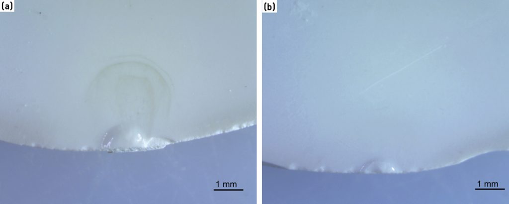 Fig. 5 a) Industry-standard feedstock: pronounced scuffing and a semicircular abrasion halo around the gate remnant. b) Advanced water-debindable feedstock with markedly cleaner surface with minimal edge wear at the gate (Courtesy KRAHN Ceramics)