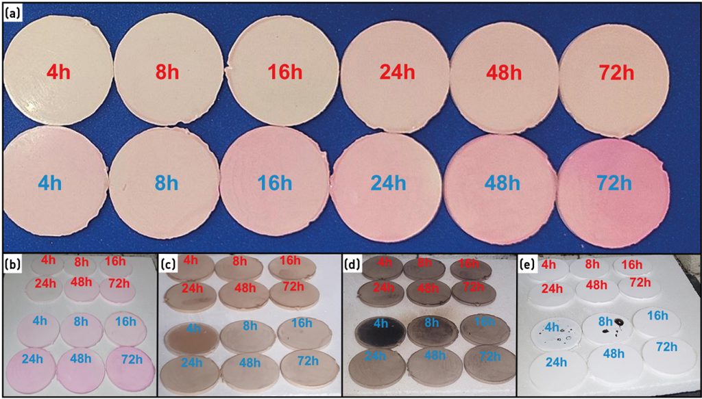 Fig. 9 Water debinding and fast thermal debinding test on discs. Top row: industry-standard binder; bottom row: advanced binder system. (a) Penetrant uptake after 4–72 h in water. (b–e) Appearance at 250°C, 350°C, and 450°C during a 7 h heat-up. (e) Post-sinter. Only the advanced binder survives the rapid ramp without distortion (Courtesy KRAHN Ceramics)
