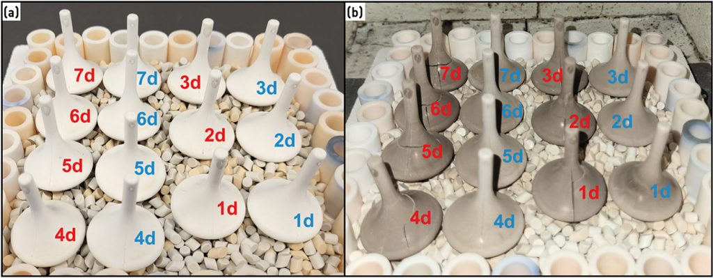 Fig. 11 Spinning tops during 24 hour burnout following 1–7 days of water debinding (red: industry-standard system, blue: advanced binder system). a) Oven set-up (room temperature); b) image taken at 300°C (Courtesy KRAHN Ceramics)
