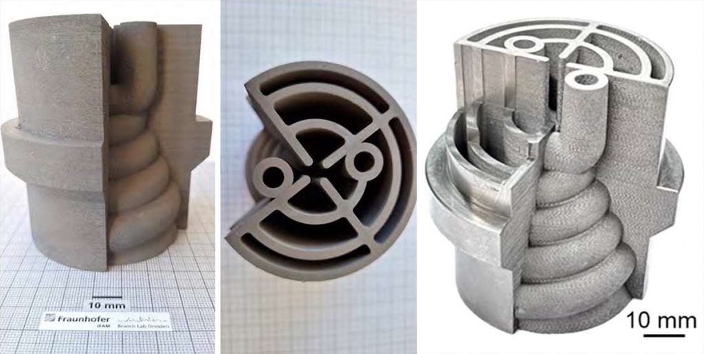 Fig. 15 Demonstrator part featuring a complex internal cooling channel structure shown after build (left, middle) and after sintering and machining (right) [17]