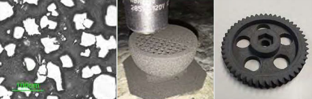 Fig. 17 (a) PA6-W microstructure; (b) Poly–tungsten FPF; (c) printed PA6-W sample (density: 12 g/cm3) [17]