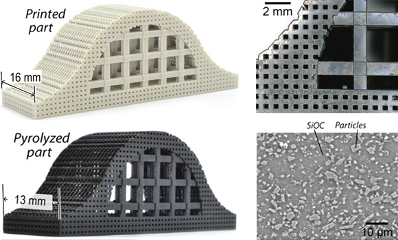 An example of an AM part in the (top left) polymer state and (top right & lower left) post-pyrolysis state, resulting in a (lower right) SiOC matrix, ceramic particle reinforced CMC (Courtesy HRL Laboratories. As published in ‘Additive Manufacturing of polymer-derived ceramic matrix composites’ J Am Ceram Soc.)