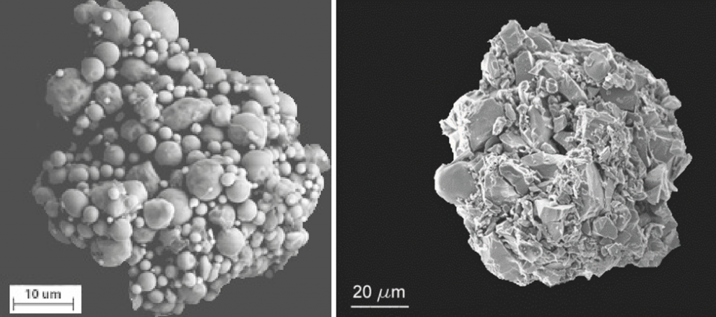Fig. 9 SEM photomicrographs of two granules produced from different powders (Courtesy Efrain Carreño-Morelli, University of Applied Sciences and Arts Western Switzerland) [6, 7]