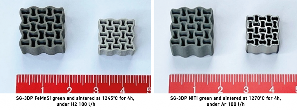 Fig. 13 AM and sintering of auxetic structures (metamaterials with negative Poisson’s ratio) using solvent-on-granule AM (SG-3DP), showing shrinkage after sintering. Left: Fe-based alloy (Fe17Mn5Si10Cr4Ni); right: Ni-based alloy (Ni49.2Fe) (Courtesy Efrain Carreño-Morelli, University of Applied Sciences and Arts Western Switzerland)