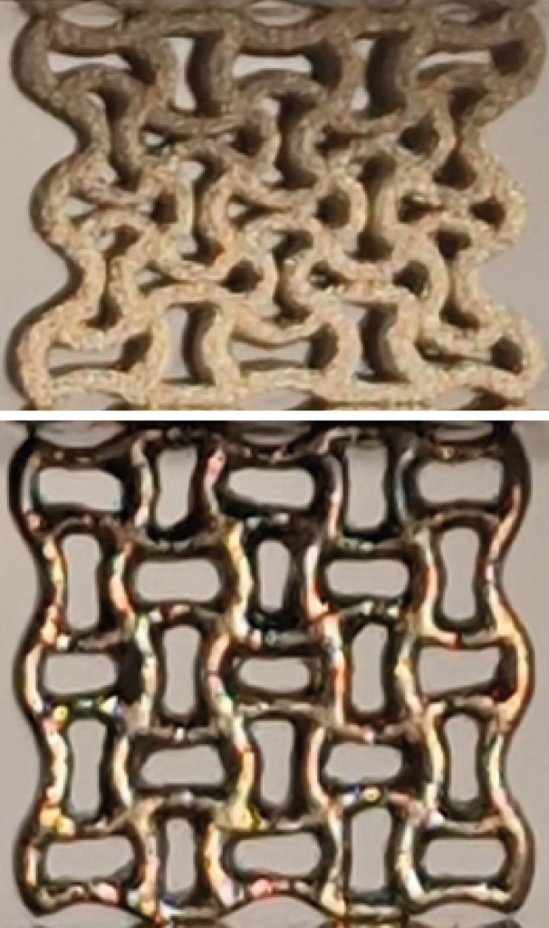 Fig. 16 As-sintered auxetic structures compressed under 19.8 kN: (a) FeMnSi alloy; (b) NiTi alloy fabricated by SG-3DP (Courtesy Efrain Carreño-Morelli, University of Applied Sciences and Arts Western Switzerland)