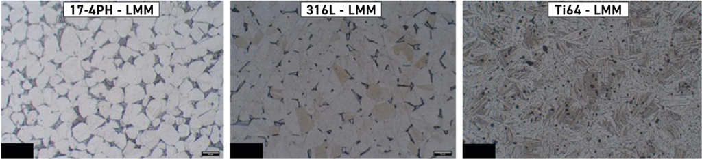 Fig. 21 Microstructures of three widely used materials in the medical sector: 17-4PH, 316L and Ti64 (Ti-6Al-4V) (Courtesy Mattia Forgiarini, Azoth)