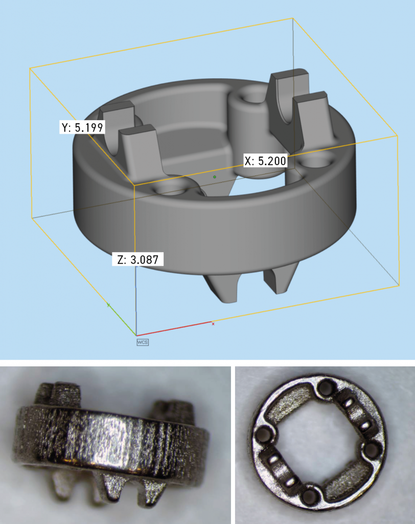 Fig. 23 Articulated joint for a needle driver. Left: CAD model; centre and right: sintered part (different views) (Courtesy Mattia Forgiarini, Azoth)