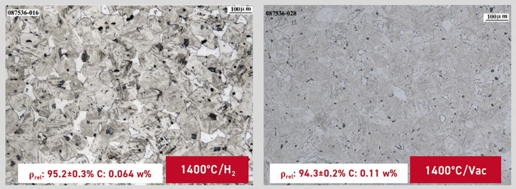 Fig. 27 Microstructures of test coupons sintered in hydrogen (left) and vacuum (right) (Courtesy Iñigo Agote, TECNALIA)