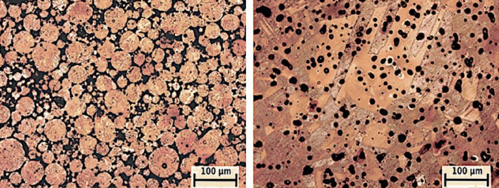 Fig. 39 Microstructure of conventional Powder Metallurgy copper after heat treatment at 610°C (left) and 1,020°C (right) (Courtesy Steven Camilleri, Spee3D)