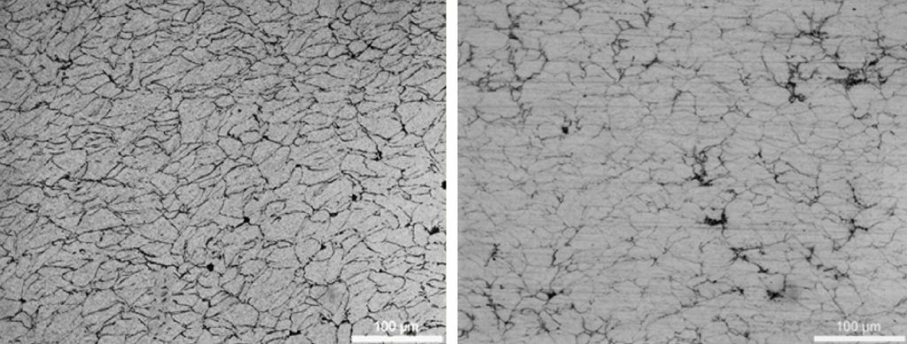 Fig. 40 Microstructure of EPIC copper in as-sprayed condition (left) and after 200°C heat treatment (right) (Courtesy Steven Camilleri, Spee3D)