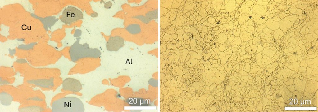 Fig. 41 NAB microstructures: as-sprayed showing individual elements (left); after EPIC sintering showing full homogenisation (right) (Courtesy Steven Camilleri, Spee3D)