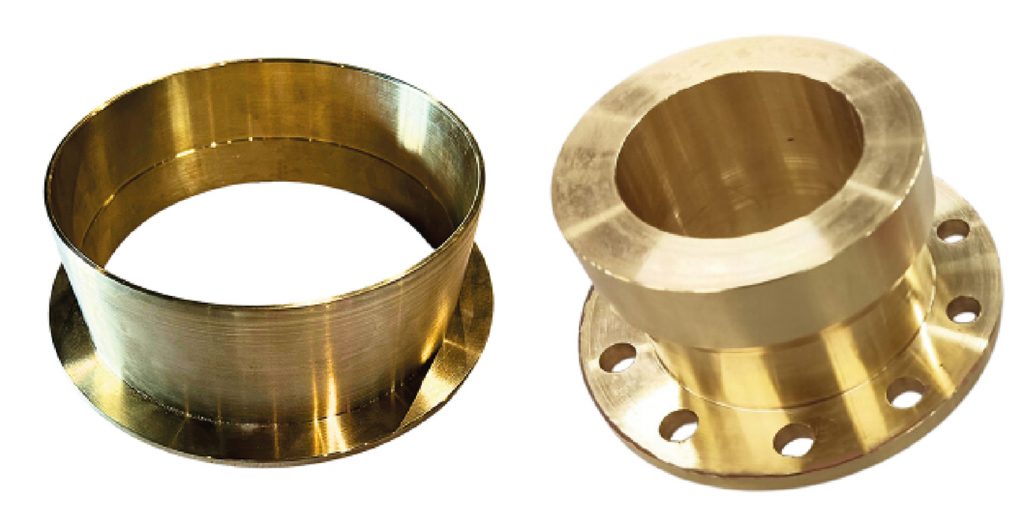 Fig. 42 Two near-net-shape NAB parts produced via EPIC-fabrication: 7 kg bearing (left) and 3 kg pipe flange (right) (Courtesy Steven Camilleri, Spee3D)