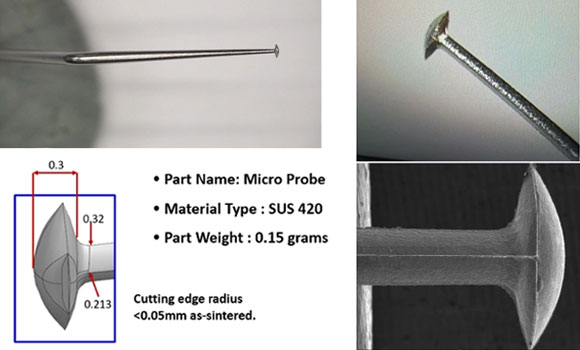 Micro probes for minimally invasive surgical instruments, demonstrating fine features and burr-free cutting edges enabled by µMIM (Courtesy Dou Yee Technologies)