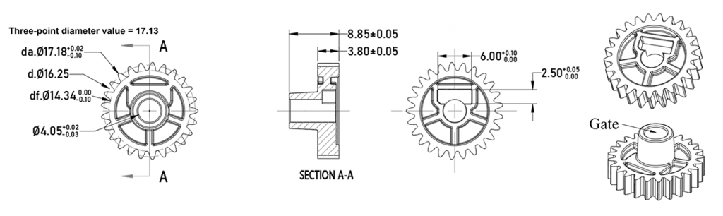 Fig. 1 Technical drawing of the spur gear used in this study, showing dimensions (mm), section view, and gate location