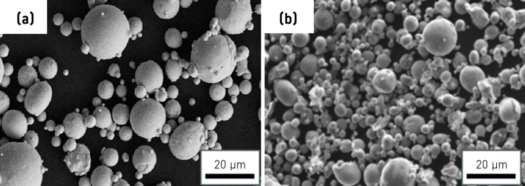 Fig. 3 Micrographs of 17-4 PH powder morphologies: (a) gas atomised powder used for BJT; (b) gas and water-atomised powder used for MIM. Both shown at the same 20 µm scale