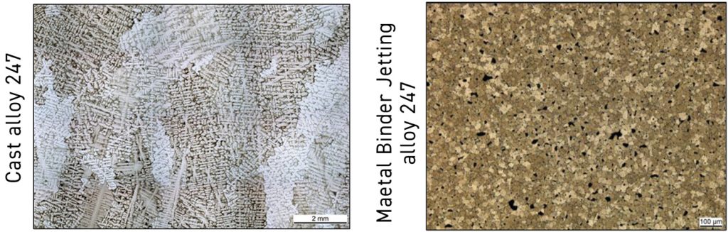 Fig. 4. Left: Cast Alloy 247 microstructure reproduced from Jordan, O. (2024) ‘Materials at High Temperatures’, 41(1), 195–205. Right: Binder Jetting Alloy 247 showing a fine-grained microstructure (~30 μm) versus casting (~3,000 μm) (Courtesy Rolls-Royce)