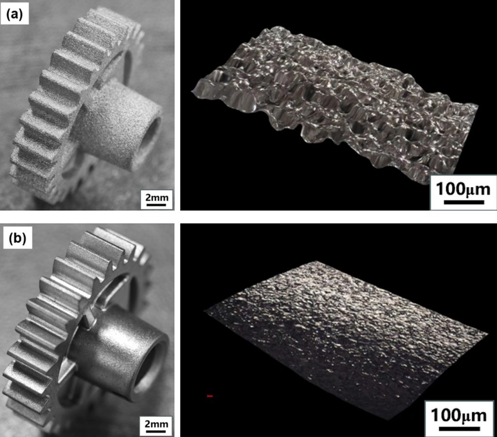 Fig. 5 Surface appearance and roughness of gear parts fabricated by (a) BJT and (b) MIM