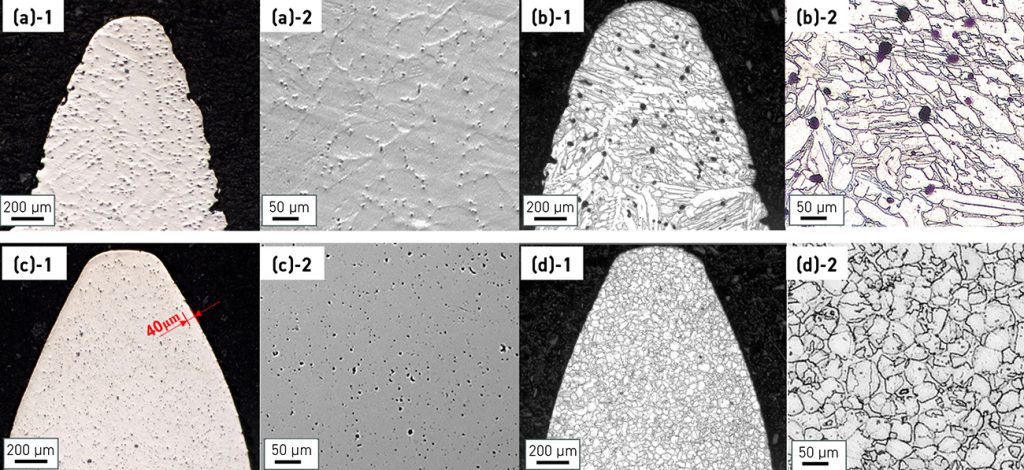 Fig. 6 Comparison of polished and etched tooth surface microstructures for BJT and MIM gears. BJT exhibits less uniform pore distribution, while MIM shows a dense outer profile and more equiaxed grains