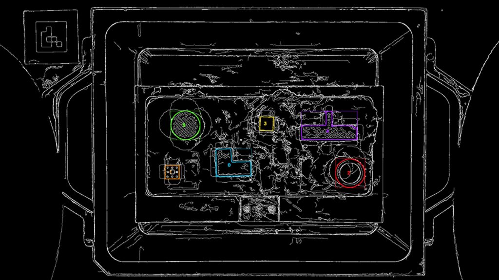Fig. 6 Visual identification and localisation of green parts: multi-angle illumination and contour detection, matched against CAD-derived templates for reliable picking (Courtesy IPH)
