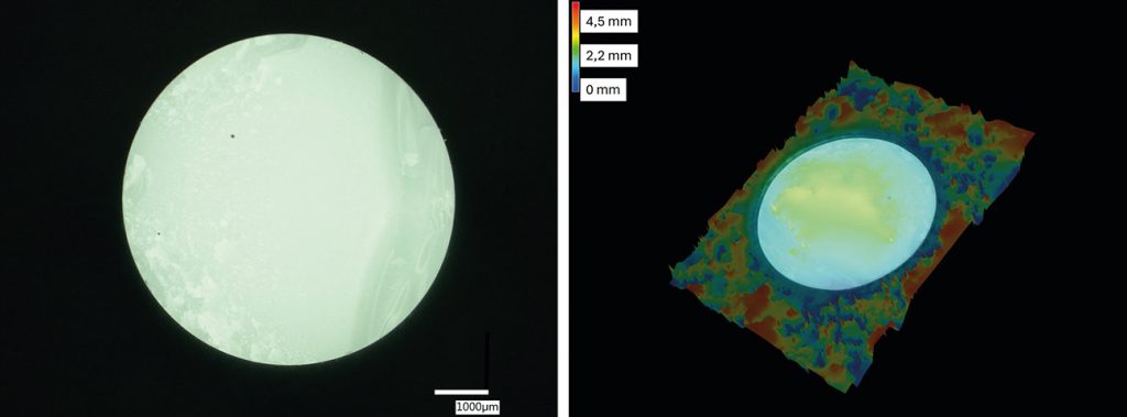 Fig. 7 Fracture surface of a sintered CIM specimen - light microscopy (left), confocal 3D picture (right) (Courtesy EnCeram)
