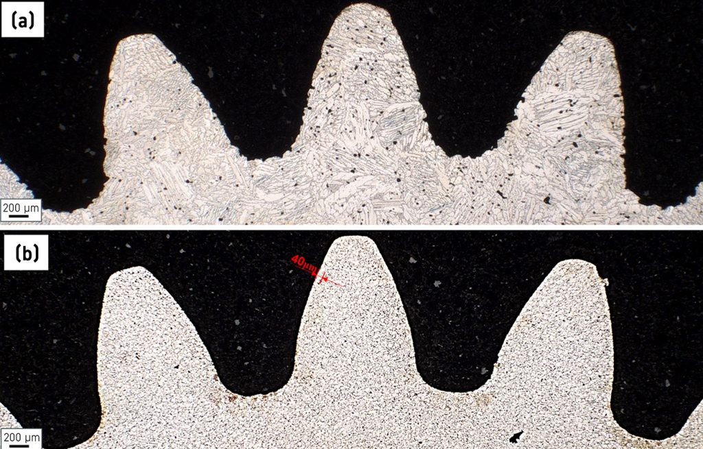 Fig. 10 Microstructures of 17-4 PH gear teeth fabricated by (a) BJT and (b) MIM (etched). BJT shows larger, directional grains; MIM shows fine, uniform grains with a dense ~40 µm surface layer