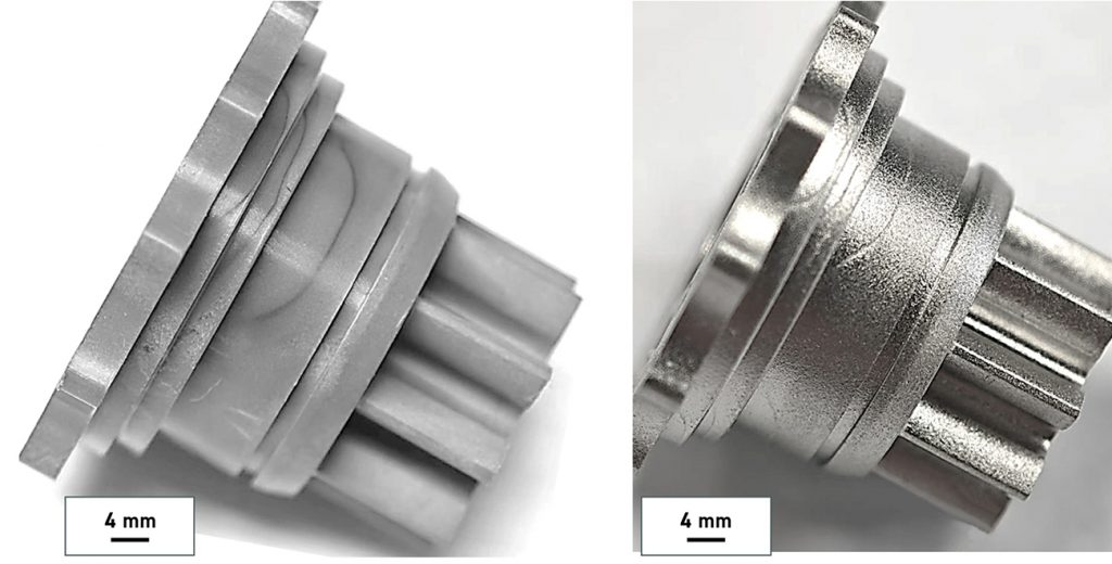 Fig. 11. MIM green part (left) and sintered part (right) showing sunken lines from black marks
