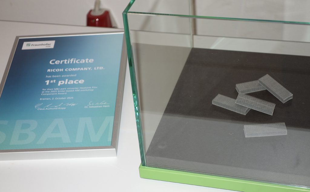 Fig. 12 Ricoh’s award-winning aluminium heatsink demonstrator, honoured for achieving >97% density, stable dimensional accuracy and promising thermal performance using Binder Jetting (Courtesy Fraunhofer IFAM)