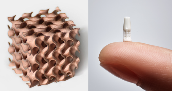 A sintered copper part additively manufactured on the Admaflex 130 (left) and a ceramic surgical instrument component that functions as a wire guide (right) (Courtesy Admatec Europe)