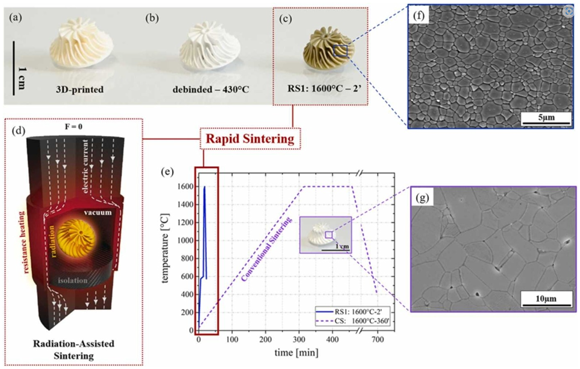 Radiation-assisted sintering vs. conventional sintering: (a-c) Processing of a turbocharger engine rotor (a) after lithography-based ceramic Additive Manufacturing, (b) after binder removal at ∼ 430 °C and (c) after RAS sintering at 1600 °C with 2 min dwell time (RS1). (d) Set-up of the RAS technique where thermal radiation, induced through Joule heating due to resistance of the electric current, is the only heat transfer used for densifying the ceramic component. (e) Sintering protocol for rapid (RS1) and conventional sintering. (f,g) Resulting microstructures of the (f) rapid (RS1) and (g) the conventional sintering protocol (Courtesy Science Direct/Elsevier)