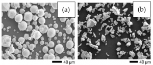 SEM images showing the morphology of (a) gas-atomised titanium powder, (b) hydride dehydride (HDH) titanium powder (From paper: ‘An Overview of Highly Porous Titanium Processed via Metal Injection Molding in Combination with the Space Holder Method’, by F C Neto, et al., Metals, 12/2022, 783, 21 pages)