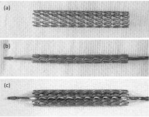 Fig. 2 MIM 316L stainless steel vascular stents in as-received (a), folded (b), and expanded (c) states (From paper: ‘Biocompatibility of vascular stents manufactured using metal injection moulding in animal experiments’ by Chang Shu, et al., Transactions of Nonferrous Metals Society of China, Vol. 32, 2022, 569-580)