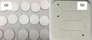 Fig. 1 Green parts of (a) circular discs and (b) square microfluidic chips (From paper: ‘IR Transparent ceramic microfluidic chips produced by Powder Injection Moulding’, by Tao Li, et al., Research & Development in Materials Science, July 2021, 1707-1712)