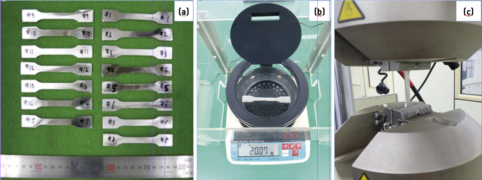 Fig. 1 Process of measuring mechanical properties: (a) specimens produced by MIM process, (b) electronic densimeter (md-200 s), (c) servohydraulic fatigue testing system (Instron 880) (From paper: ‘Characterization of Mechanical properties and grain size of stainless steel 316L via metal injection molding’ by In-Seok Hwang et al, Materials, March 7, 2023, Vol 16, 2144, 12 pp)