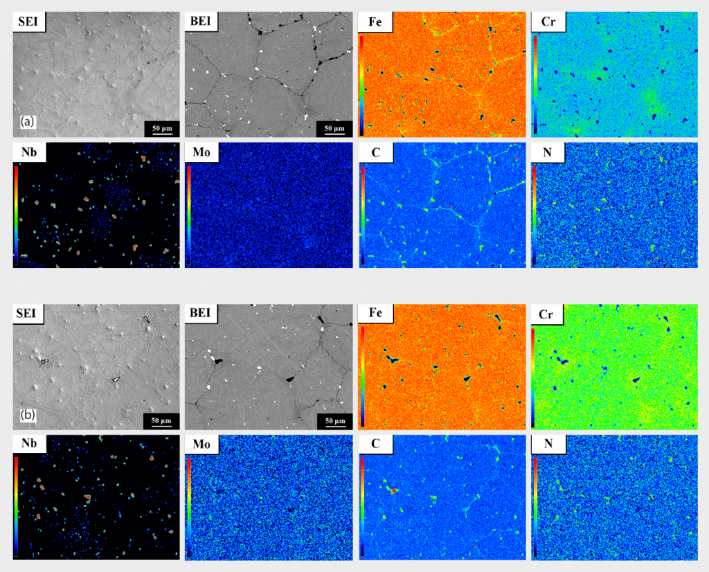 Fig. 10 Analysis of 420 W in the sintered state, based on molybdenum line furnace in flowing nitrogen at 100 kPa pressure, 1340°C for 3 hours (a) EPMA elemental mapping of surface region (b) EPMA elemental mapping of central region