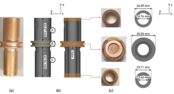 Fig. 1 (a) Final product, (b) Moldflow model of the green part, and (c) final product and Moldflow model along x-axis. A, B, and C represent big-diameter cylindrical, ring (injection site), and small-diameter cylindrical part, respectively (From paper: ‘Moldflow Simulation and Characterization of Pure Copper Fabricated via Metal Injection Molding’, by W Bahanan, et al., Materials, Vol. 16, 5252, 26 July 2023, 14 pp.)