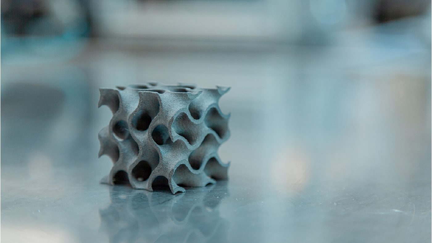 Fig. 7 Green gyroid structure (triply periodic minimal surfaces) size 40 x 40 x 40 mm (Courtesy SUPSI)