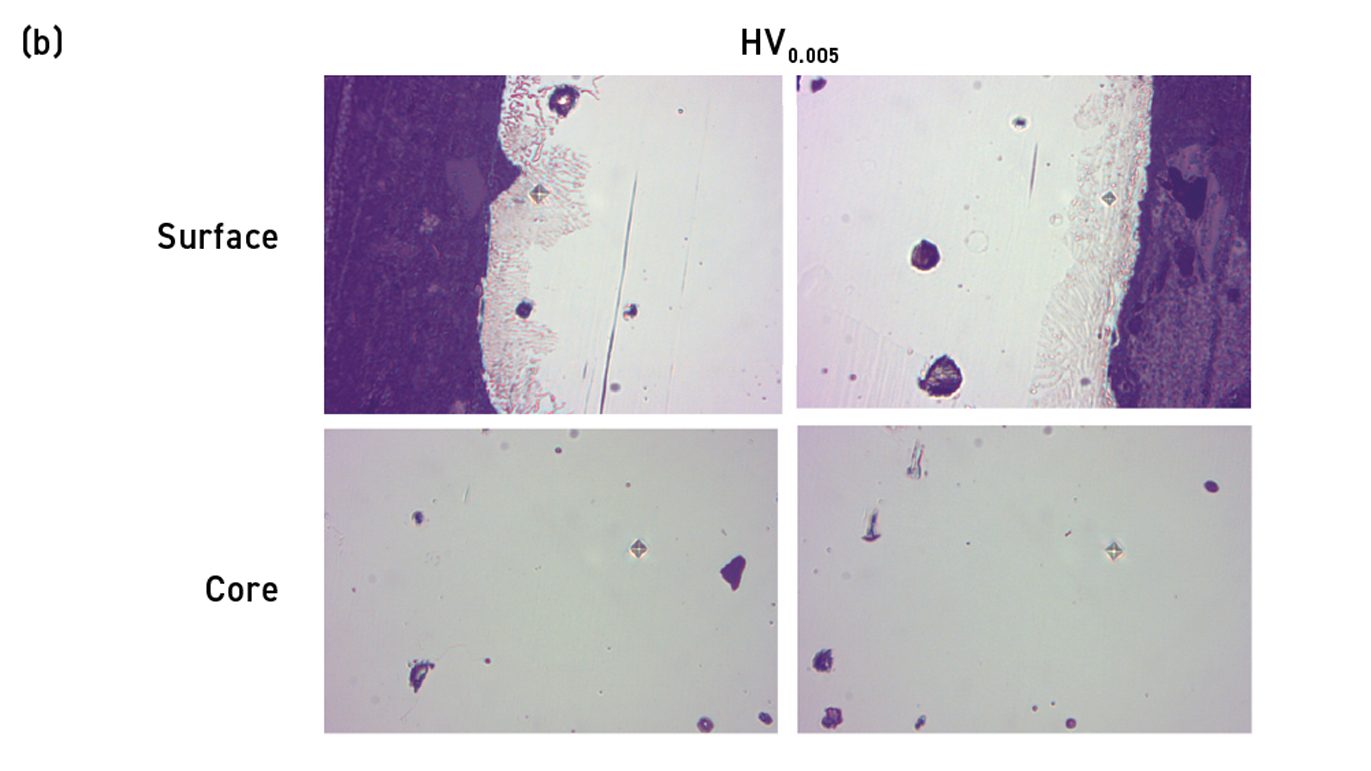 Fig. 8 (b) Hardness measurement of surface and core regions of sintered Co-Cr-Mo alloys, based on hydrogen to nitrogen at 14:14 m3/h flow rate at 1315°C.