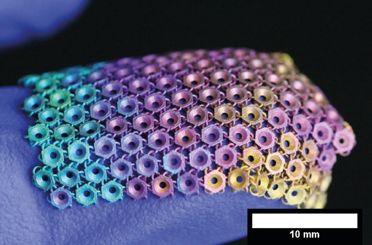 Fig. 1 Titanium mesh, produced by Vat Photopolymerisation (VPP) that was anodised after sintering (Courtesy Element 22)