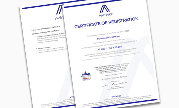 Parmatech has announced the recertification of its AS9100D and ISO 9001:2015 quality management systems (Courtesy Parmatech)